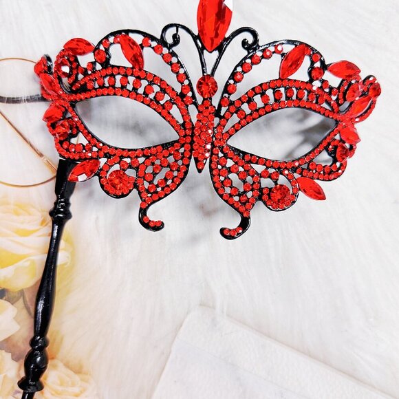 Red Masquerade Mask, Crystal Handheld Mask, Black Mask with Stick, Venetian Mask main image 7